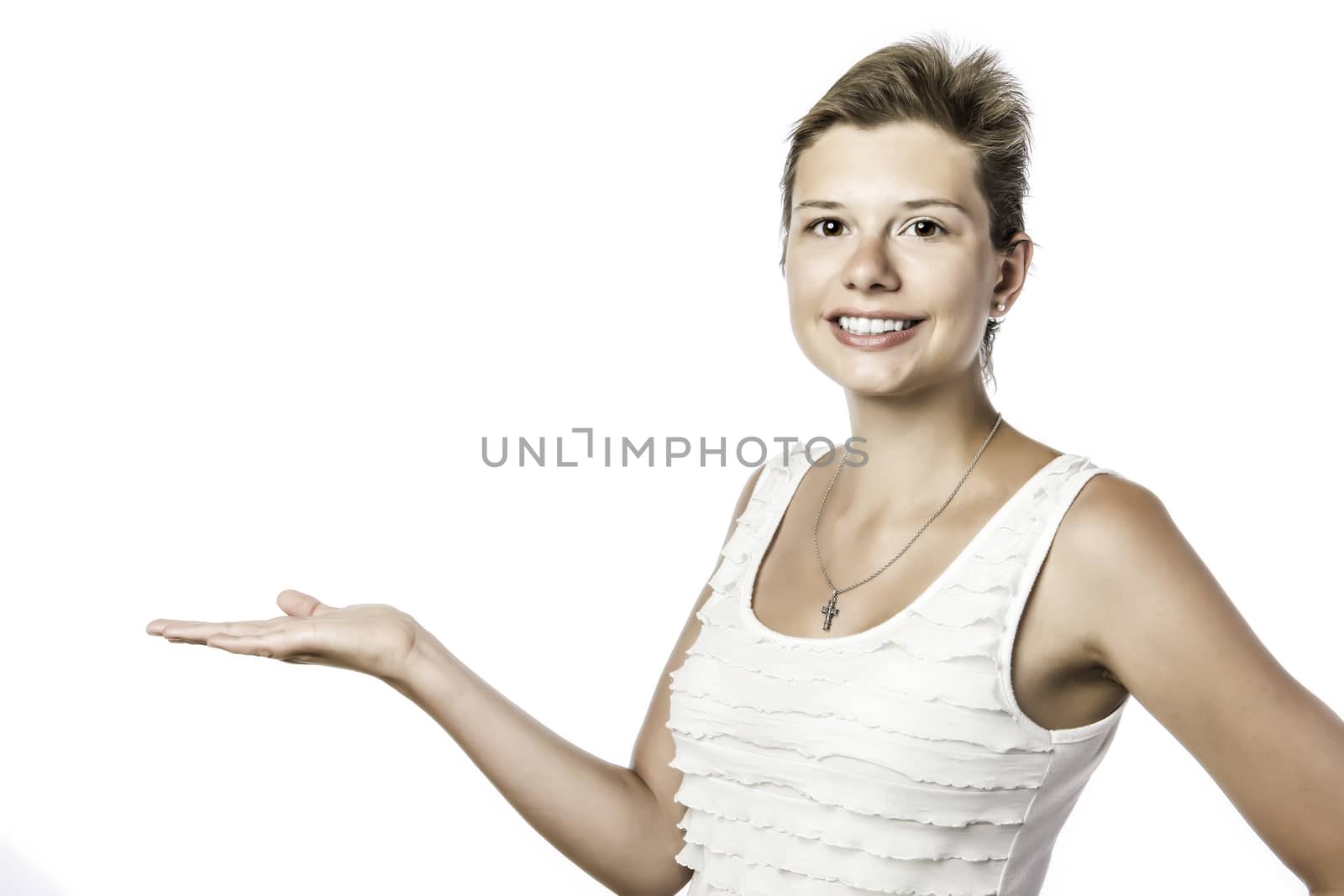 Laughing young woman holding the palm of the right hand up, isolated on white background