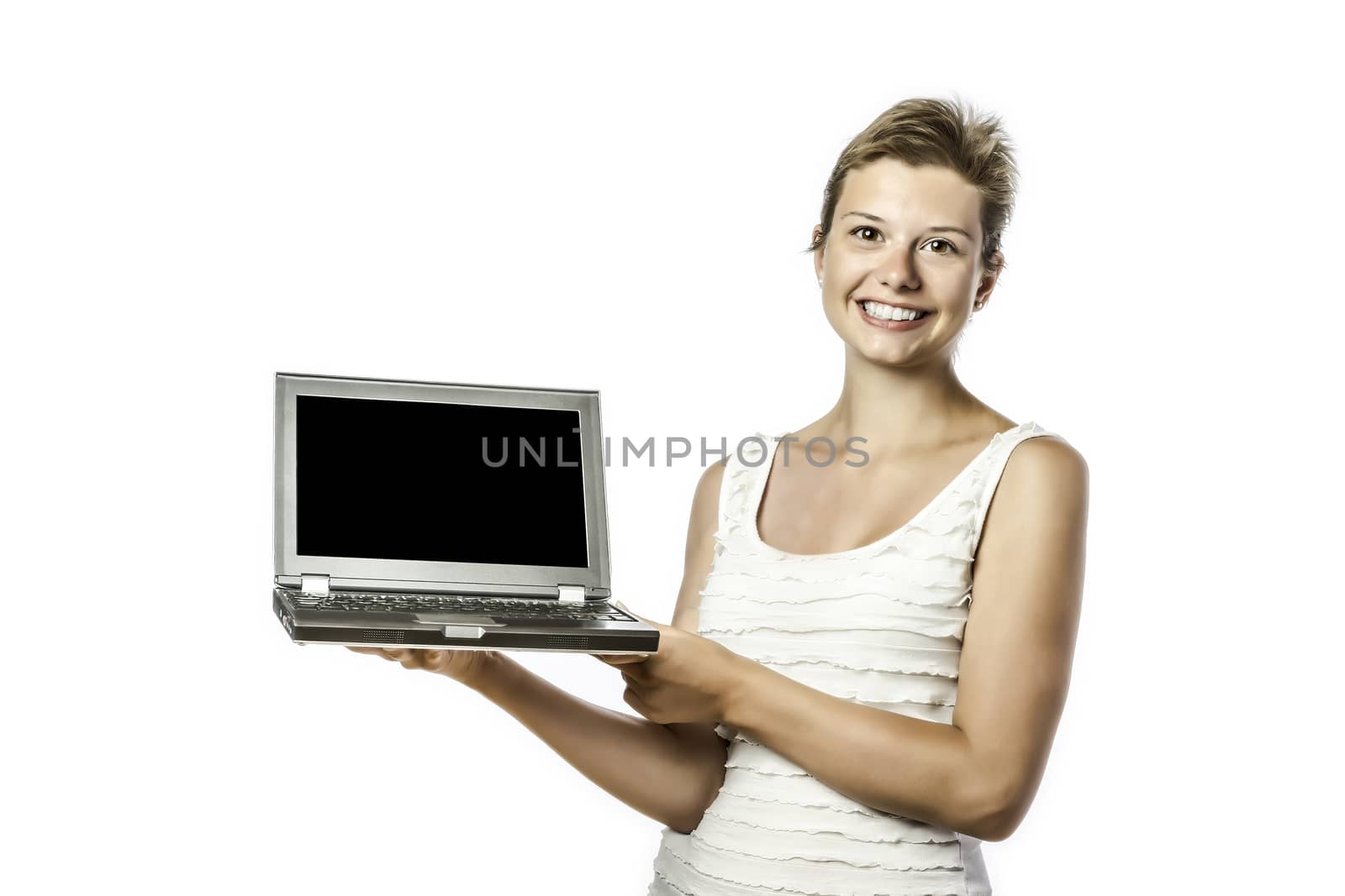 Young, beautiful woman with computer, isolated on white background