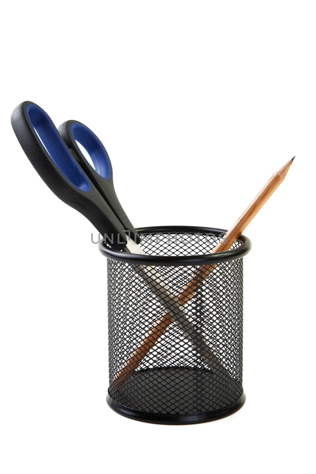 Business  still-life with scissors and  pencil on a white background
