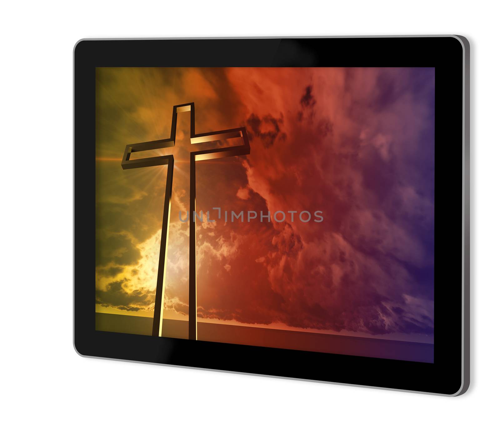 Wooden cross   on screen of tablet  made in 3d software