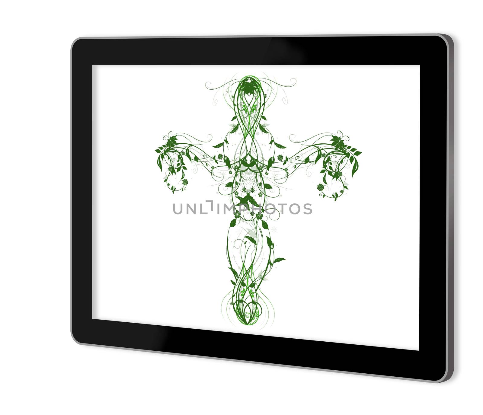 Green Floral Cross on  screen of tablet  made in 3d software