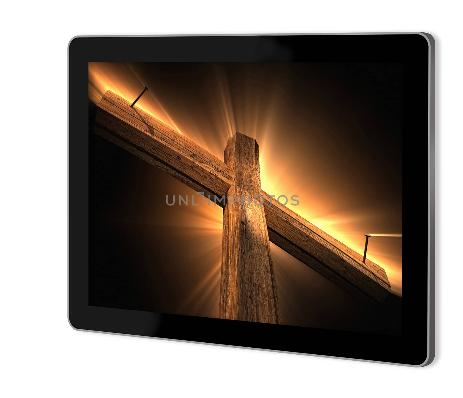 Wooden cross on screen of tablet  made in 3d software