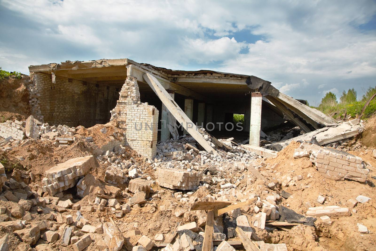 Ruins of modern buildings in the afternoon