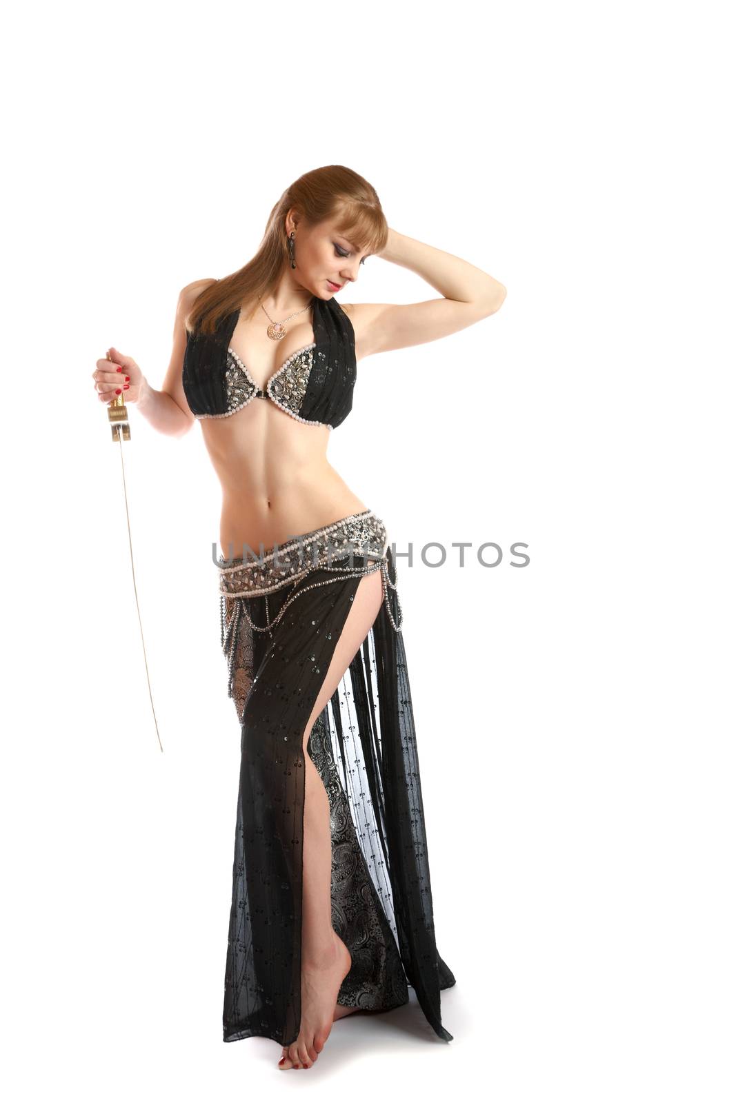 The girl in a dancing suit with sabre on  white background