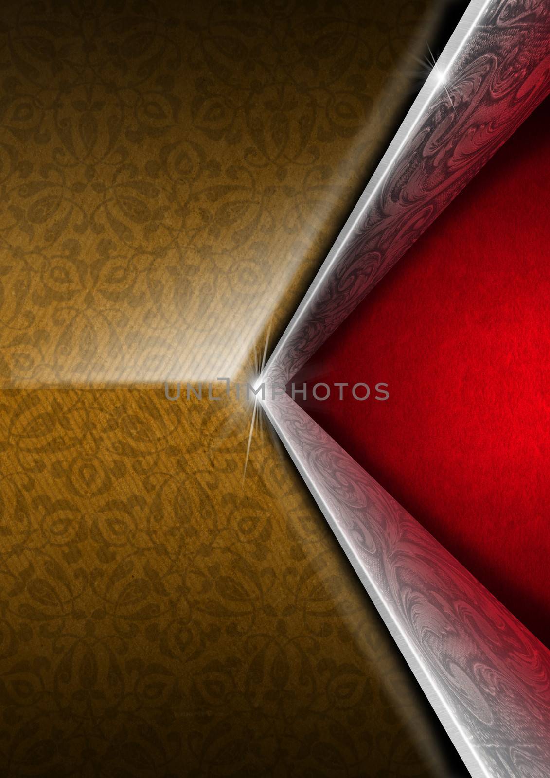 Brown floral texture with two diagonal silver floral bands and red velvet background