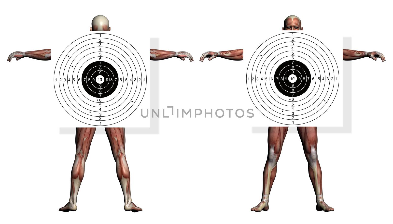 Shooting target, with holes pierced by bullets made in 2d software