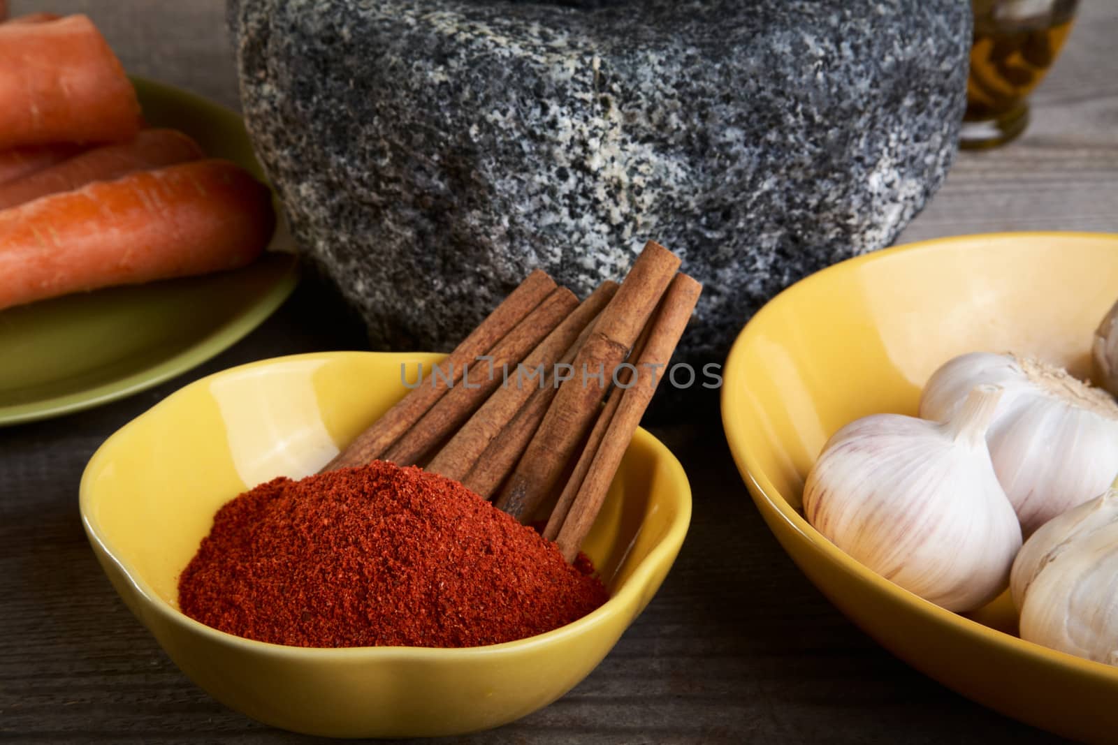 Still-life with a stone mortar and spices