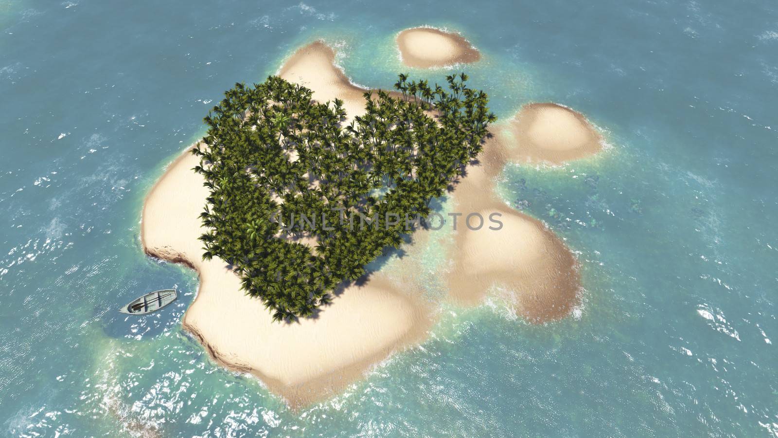 Paradise tropical island in the form of heart made in 3d software