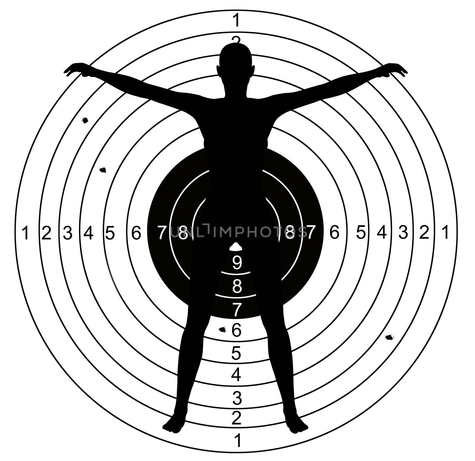 Shooting target, with holes pierced by bullets made in 2d software