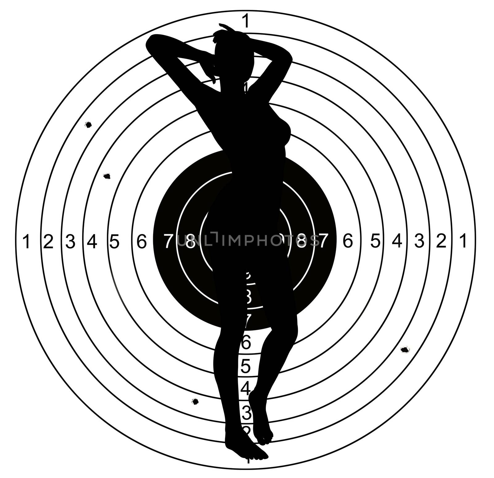 Shooting target, with holes pierced by bullets made in 2d software