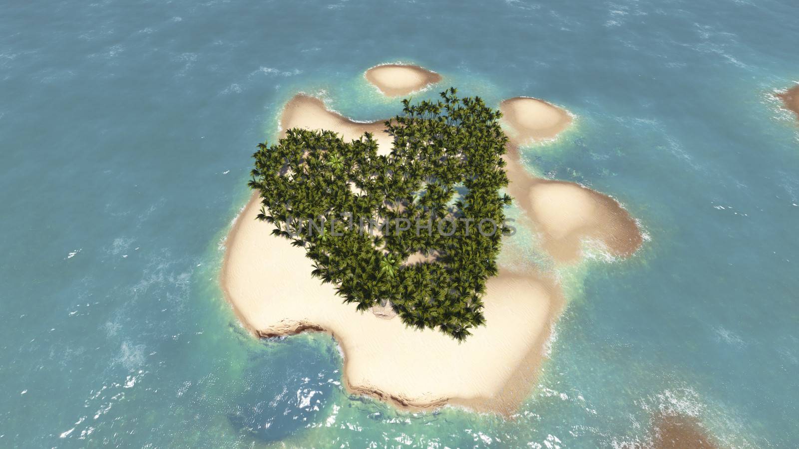 Paradise tropical island in the form of heart made in 3d software