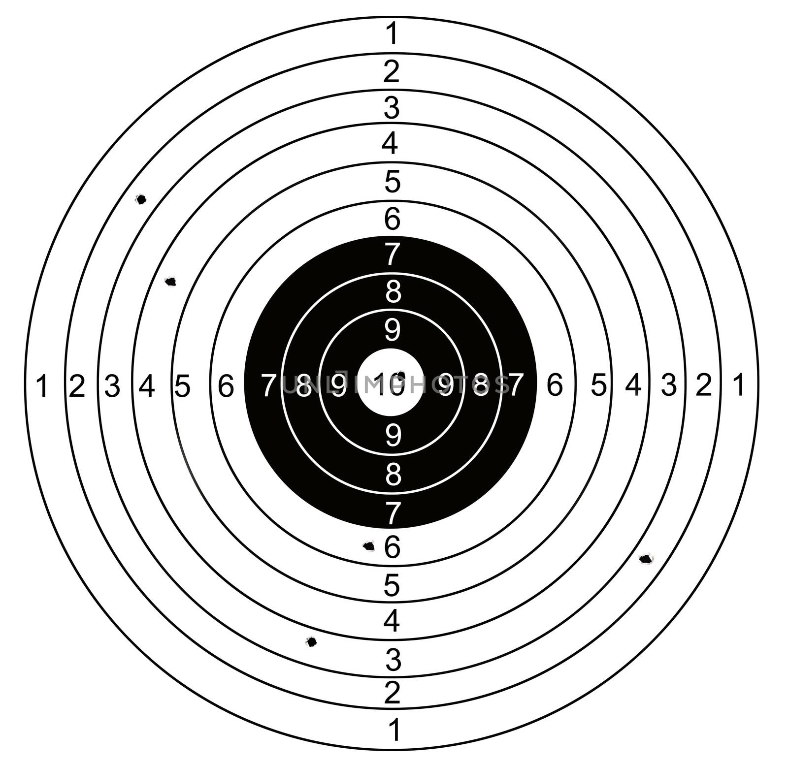 Shooting target, with holes pierced by bullets made in 2d software