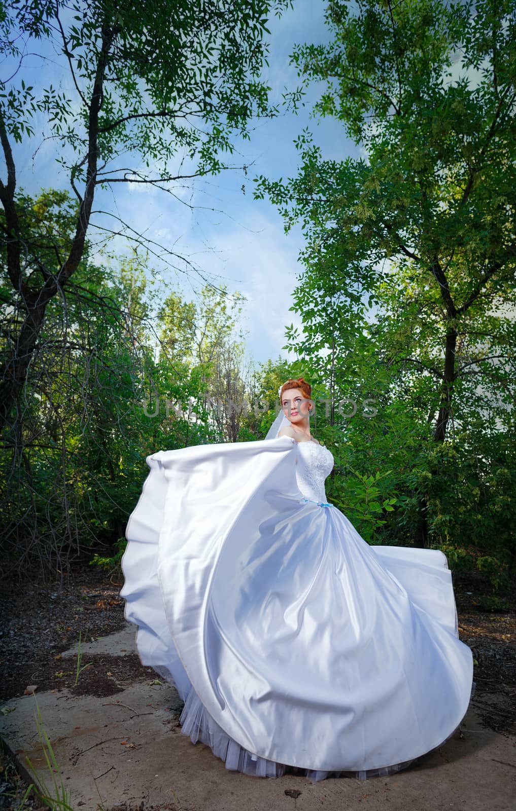 Dancing Bride in a City Park on a background of trees