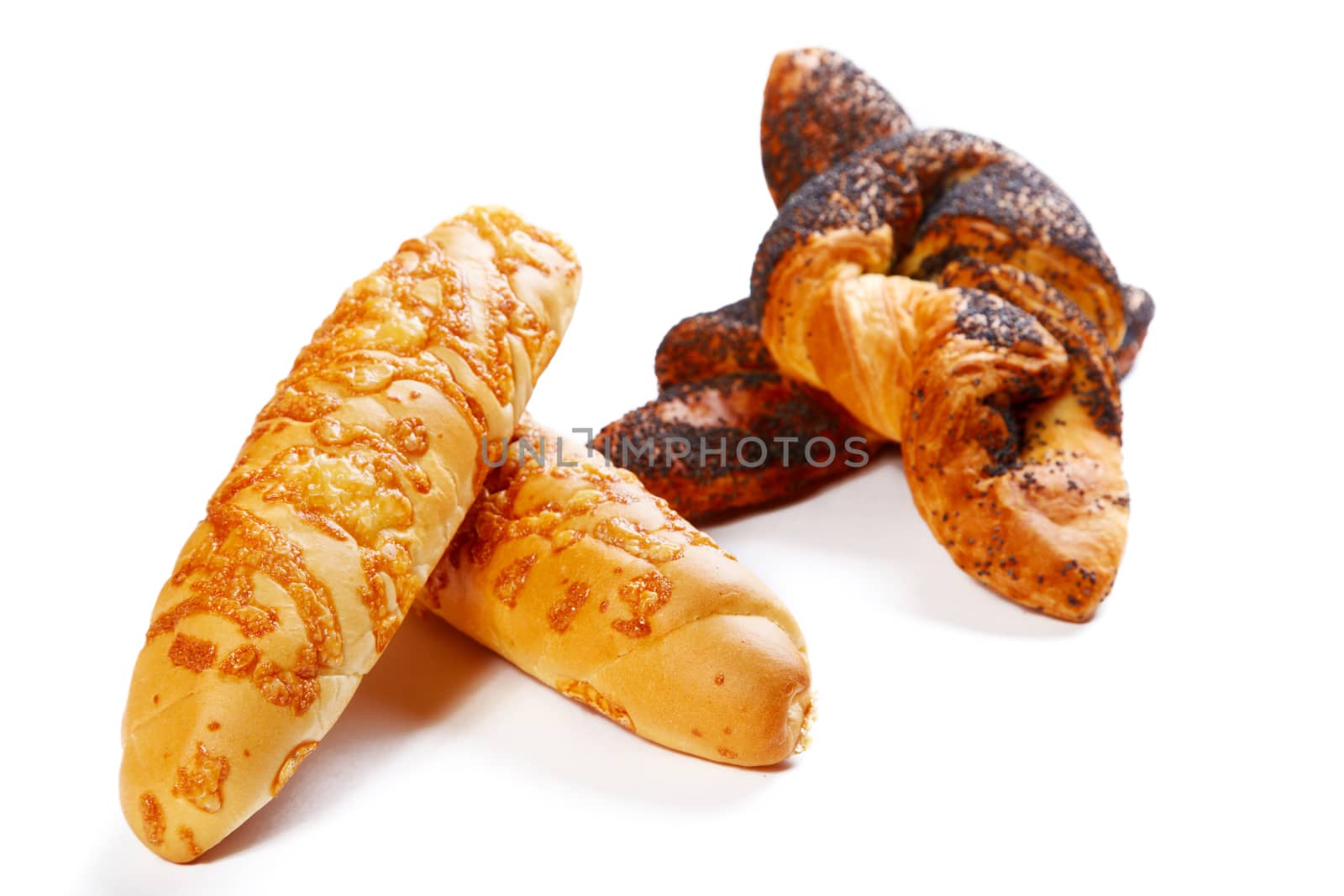 Rolls with cheese and a poppy isolated on a white background