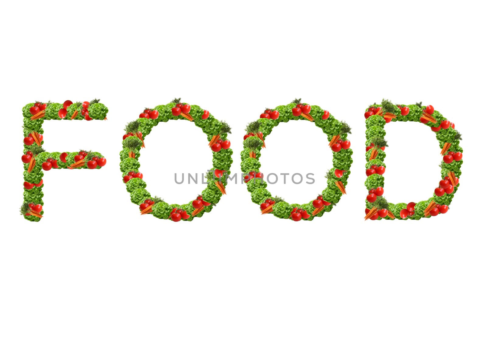 The word Food made out of vegetables isolated on the white by Dddaca