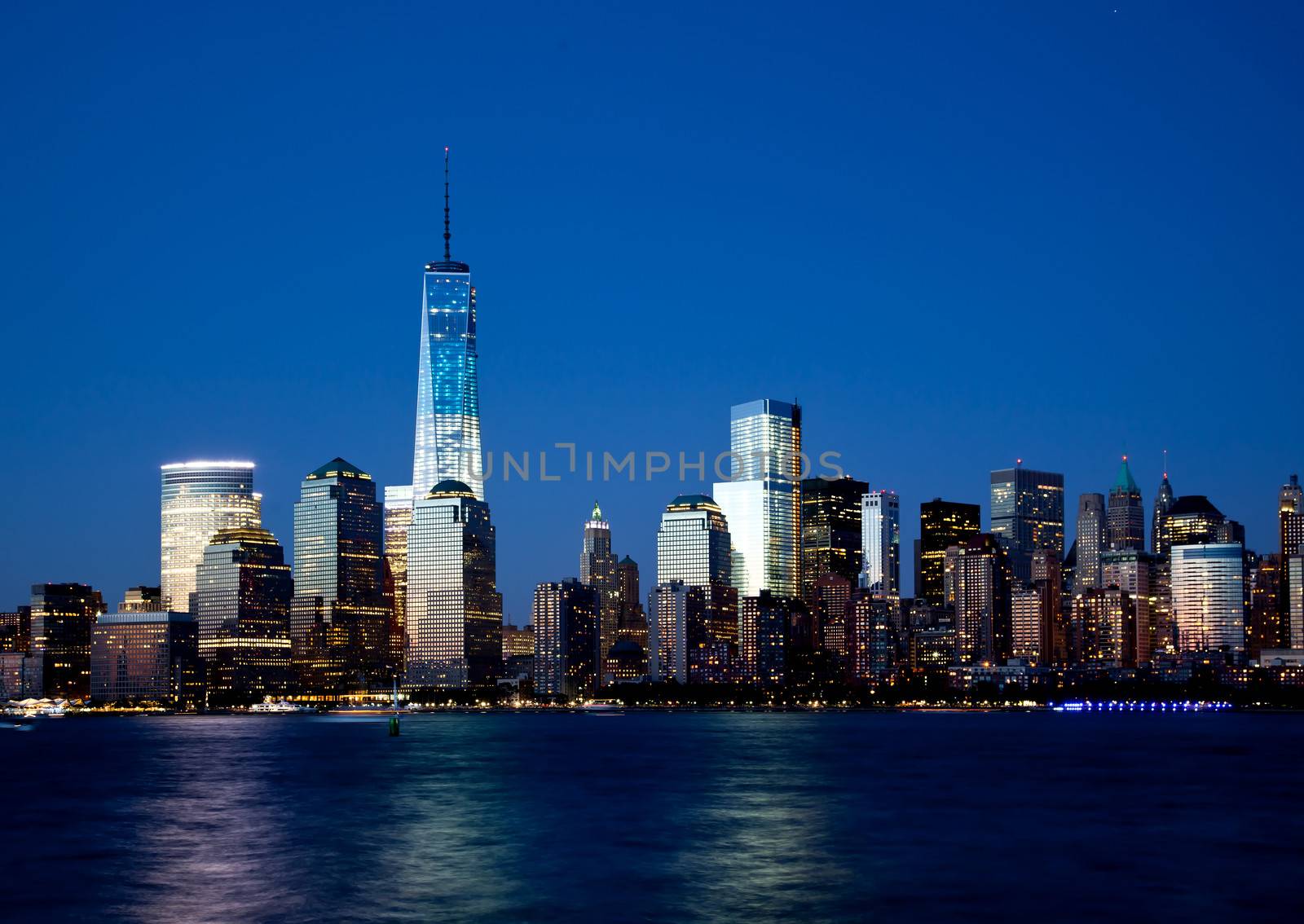 The new Freedom Tower and Lower Manhattan Skyline At Night