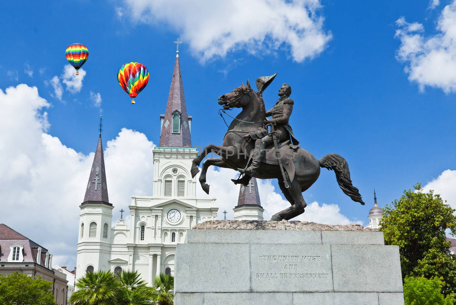 Saint Louis Cathedral and statue of Andrew Jackson in the Jackson Square New Orleans 