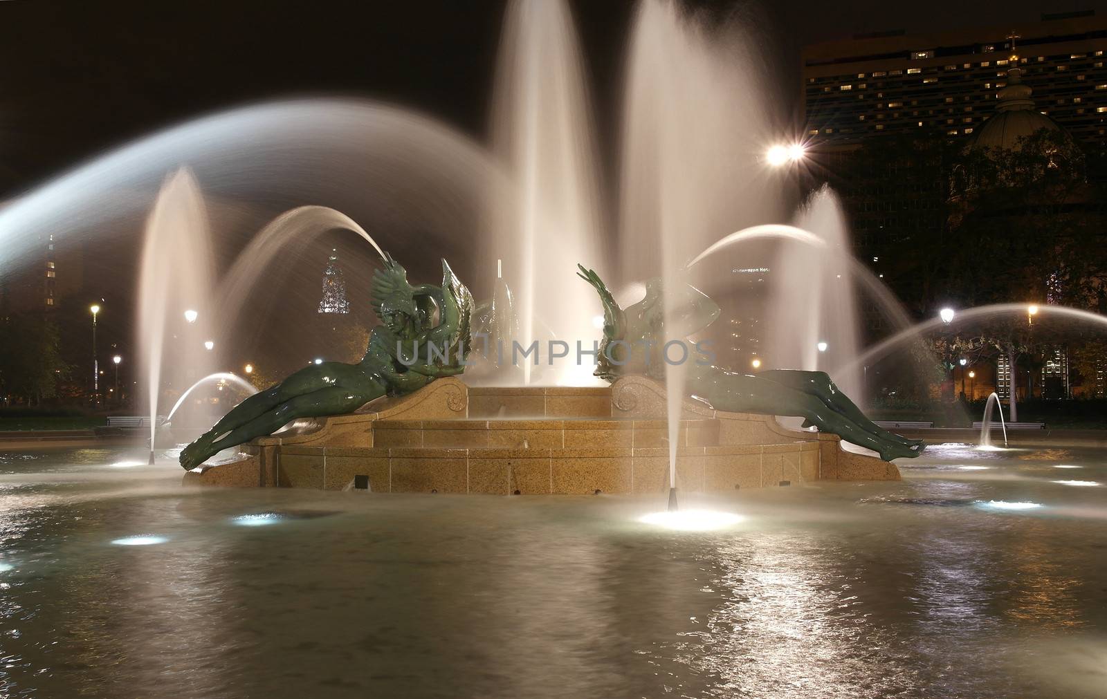 Swann memorial fountain in downtown Philadelphia at night by gary718