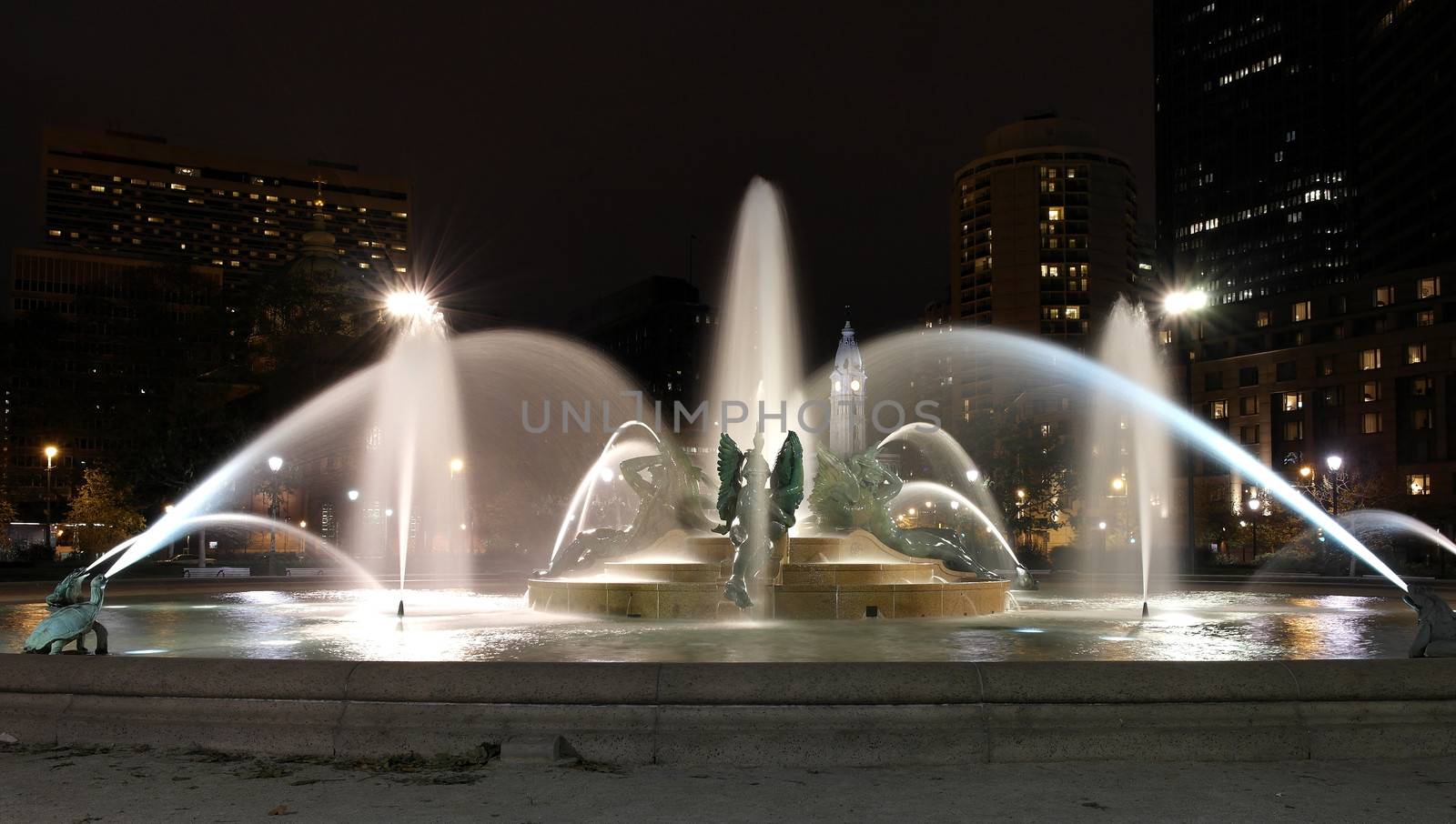 Swann memorial fountain in downtown Philadelphia at night by gary718