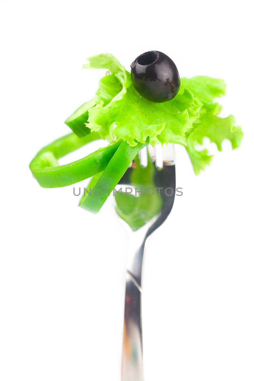 fork,black olive,lettuce and pepper isolated on white