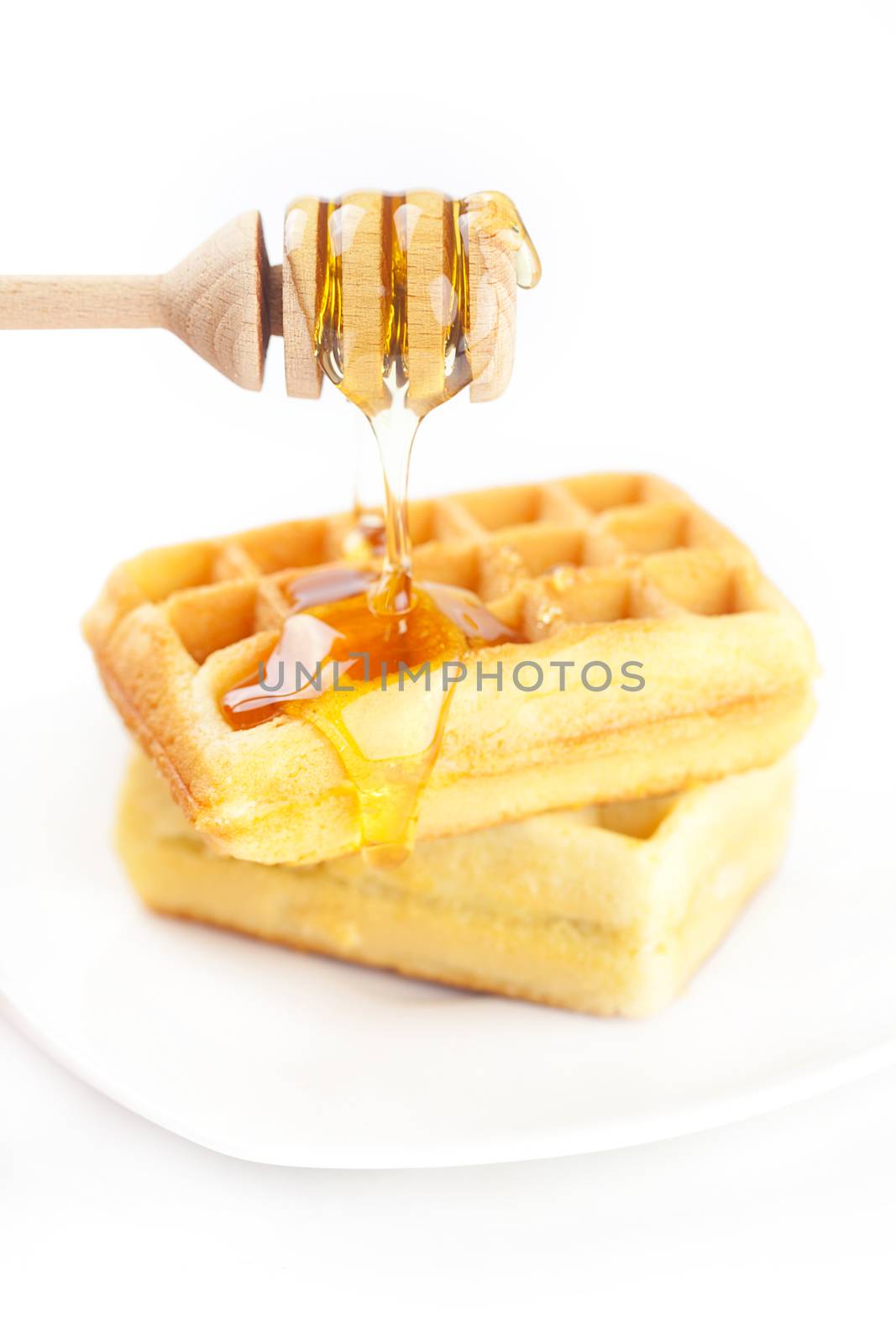 Belgian waffles on a plate, stick for honey and honey isolated on white