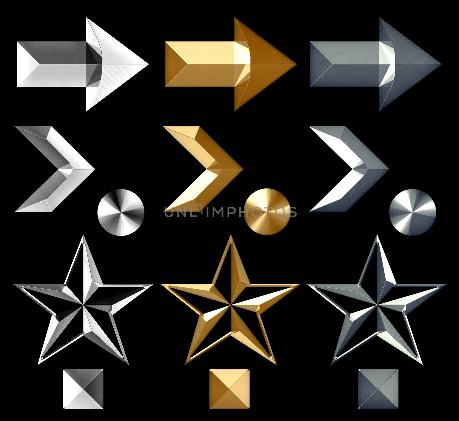 Silver and gold arrow symbol icons star and metal stud