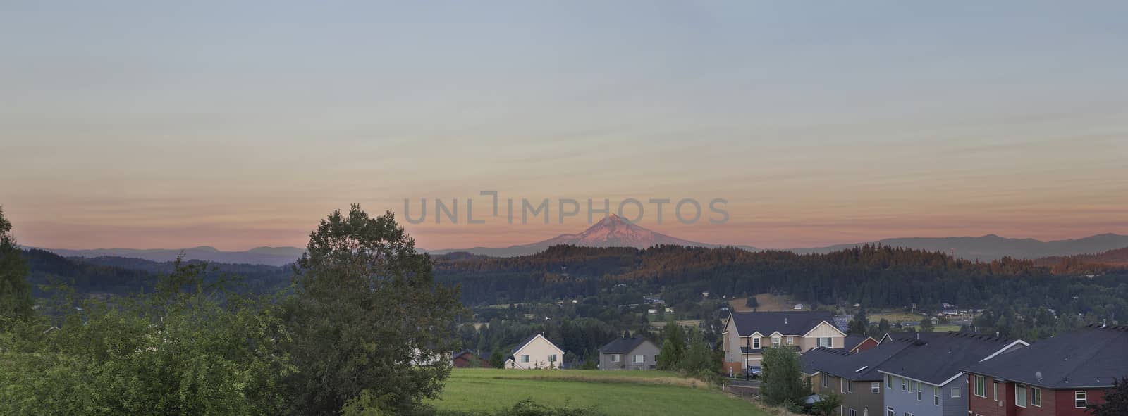 Mount Hood View at Sunset in Oregon Suburbs Housing Neighborhood Panorama