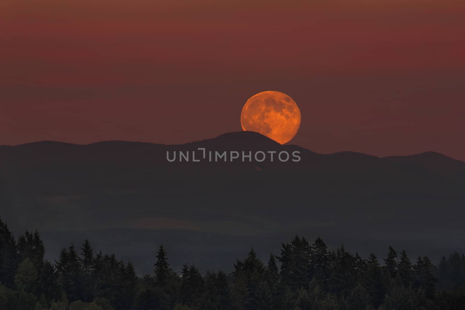 Full Moon Moonrise Over Oregon Mountain Range Landscape at Dusk