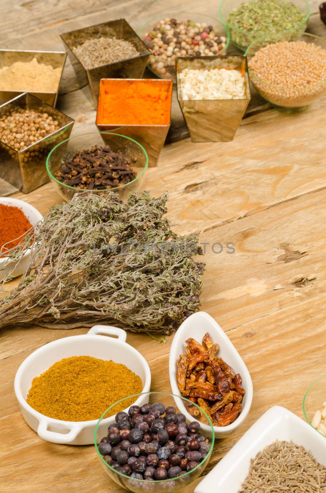 Assortment of fresh spices and condiments, a cooking background