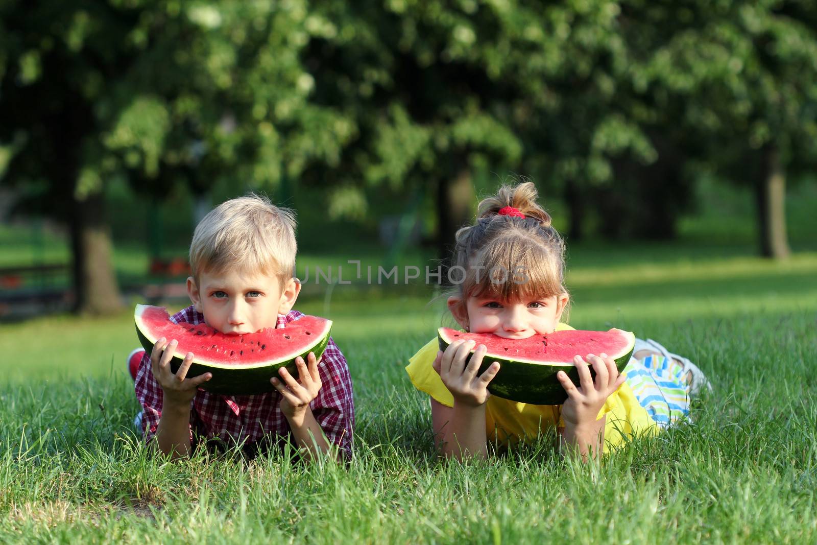 boy and little girl lying on grass and eat watermelon