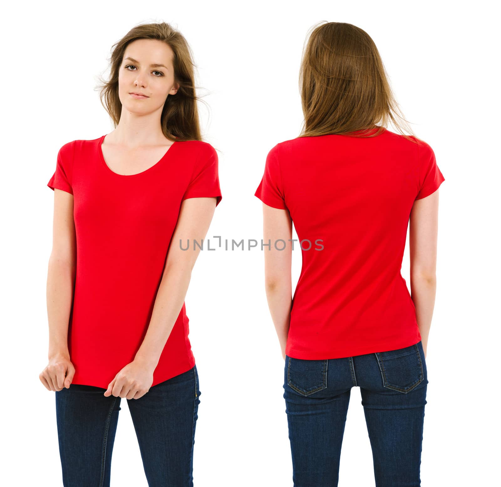 Photo of a young adult female posing with a blank red shirt.  Front and back views ready for your artwork or designs.
