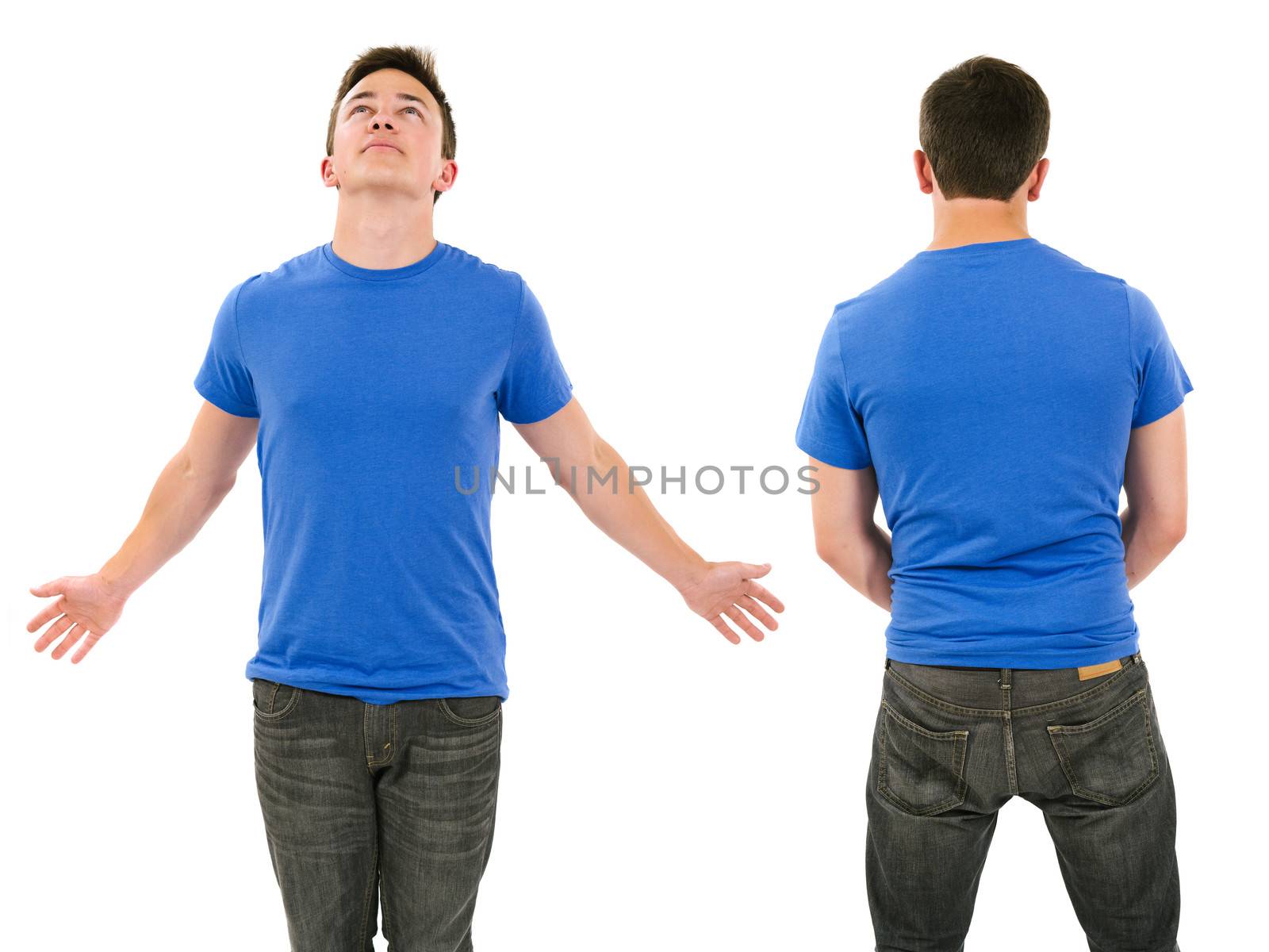 Photo of a male in his late teens posing with a blank blue shirt.  Front and back views ready for your artwork or designs.