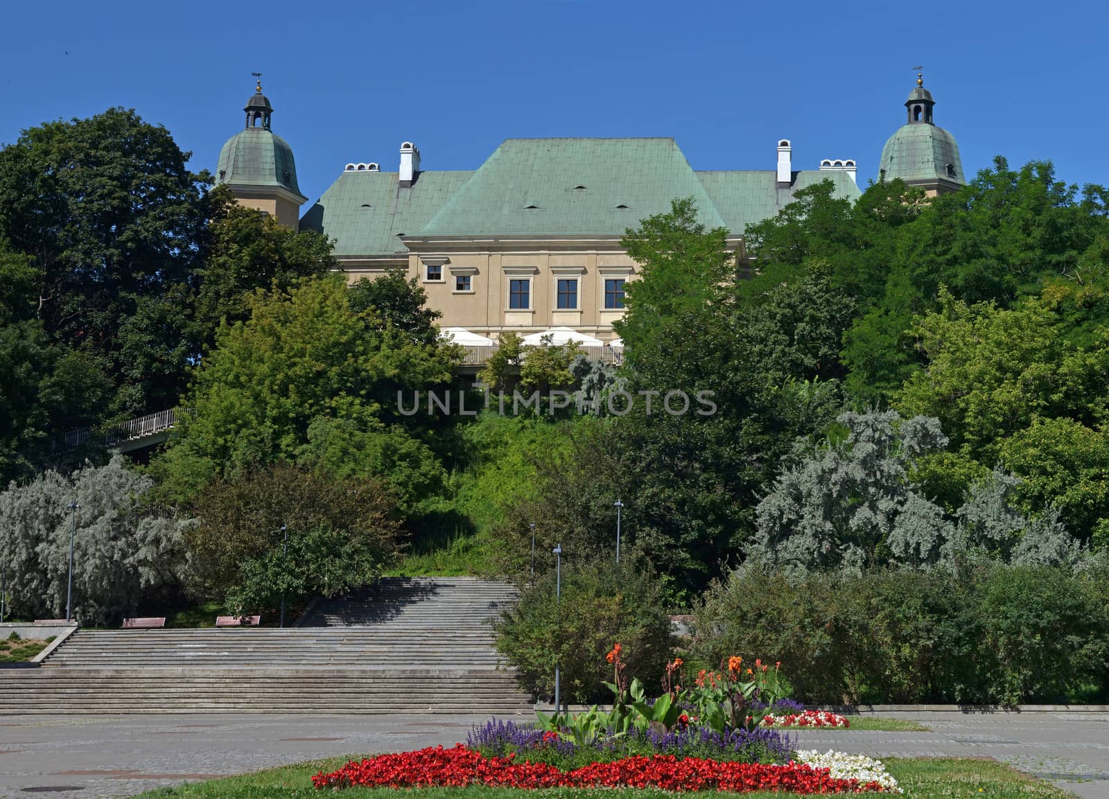 Ujazdowski Castle museum in Warsaw. Summer wide angle panoramic view.