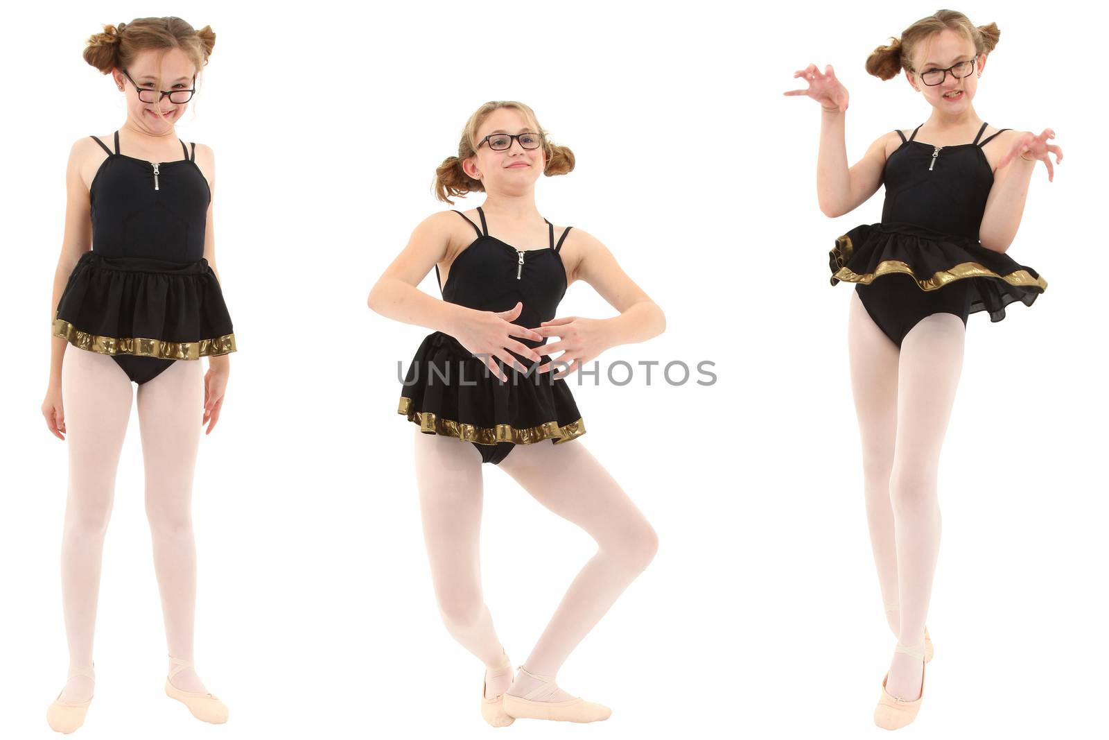 Funny geeky ballerina in three poses. Clipping path over white.