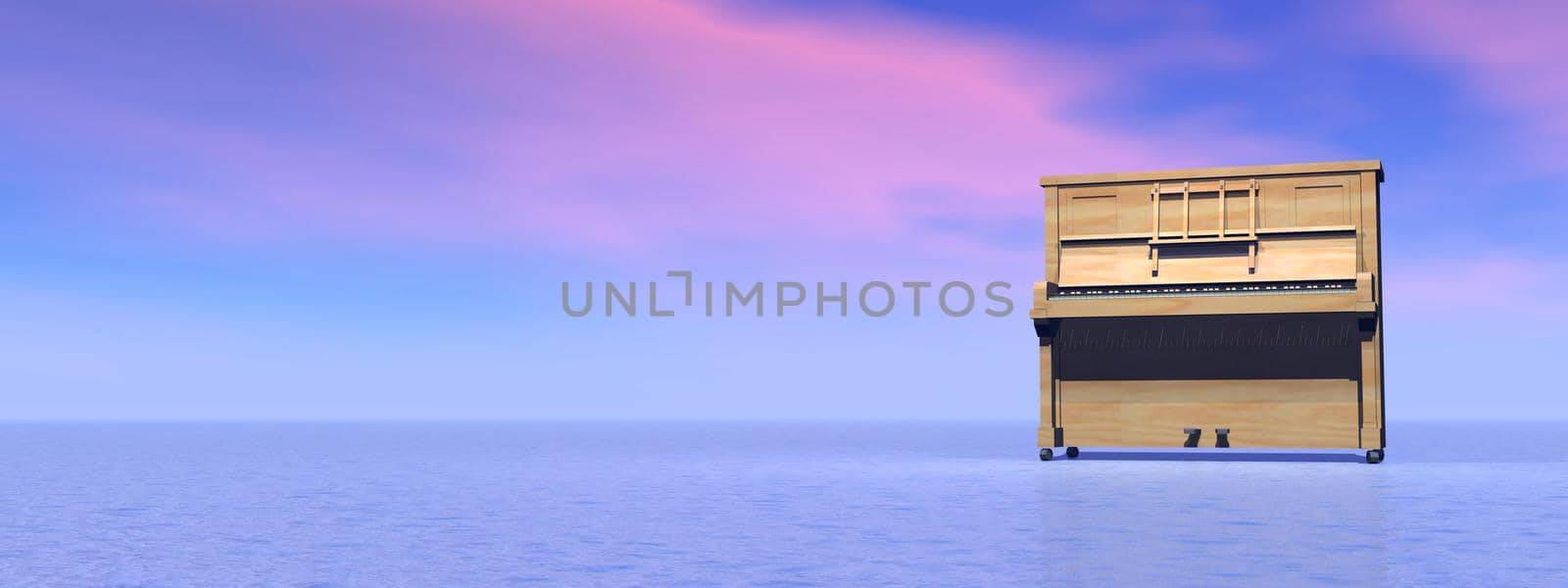 Old upright piano standing alone in the nature by pink and blue sunset background