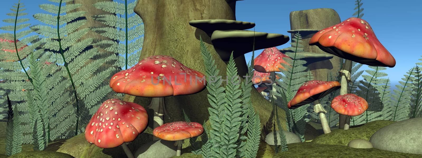 Fly agaric mushrooms in the forest - 3D render by Elenaphotos21