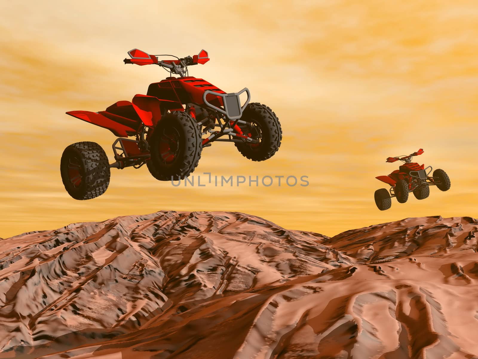 Two all terrain vehicle quads jumping in the desert by sunset
