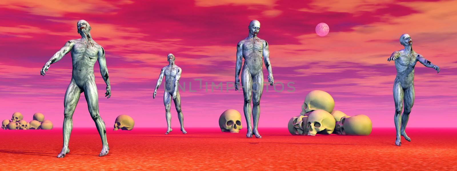 Zombies walking strangely among lots of skulls on the ground by colorful full moon night