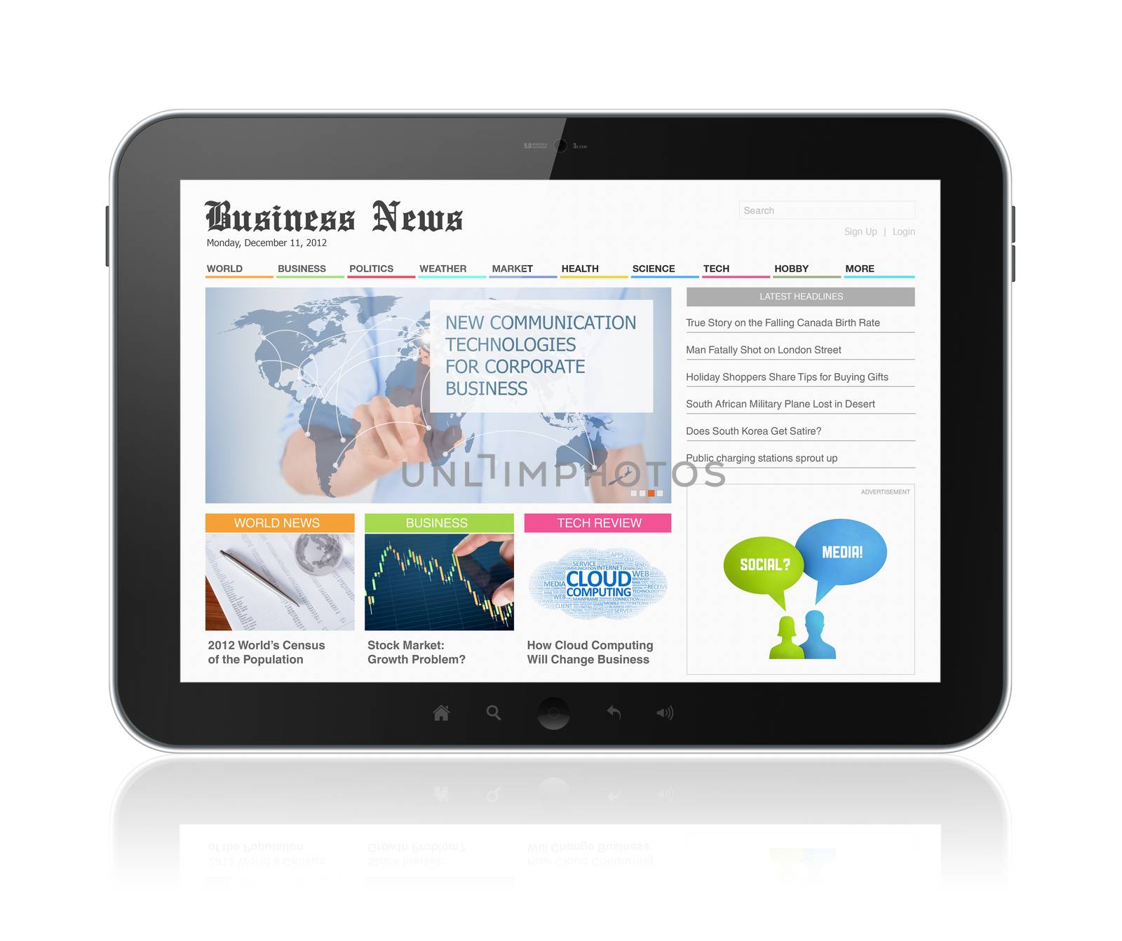 High quality illustration of modern digital tablet with business media website on a screen. Isolated on white background.