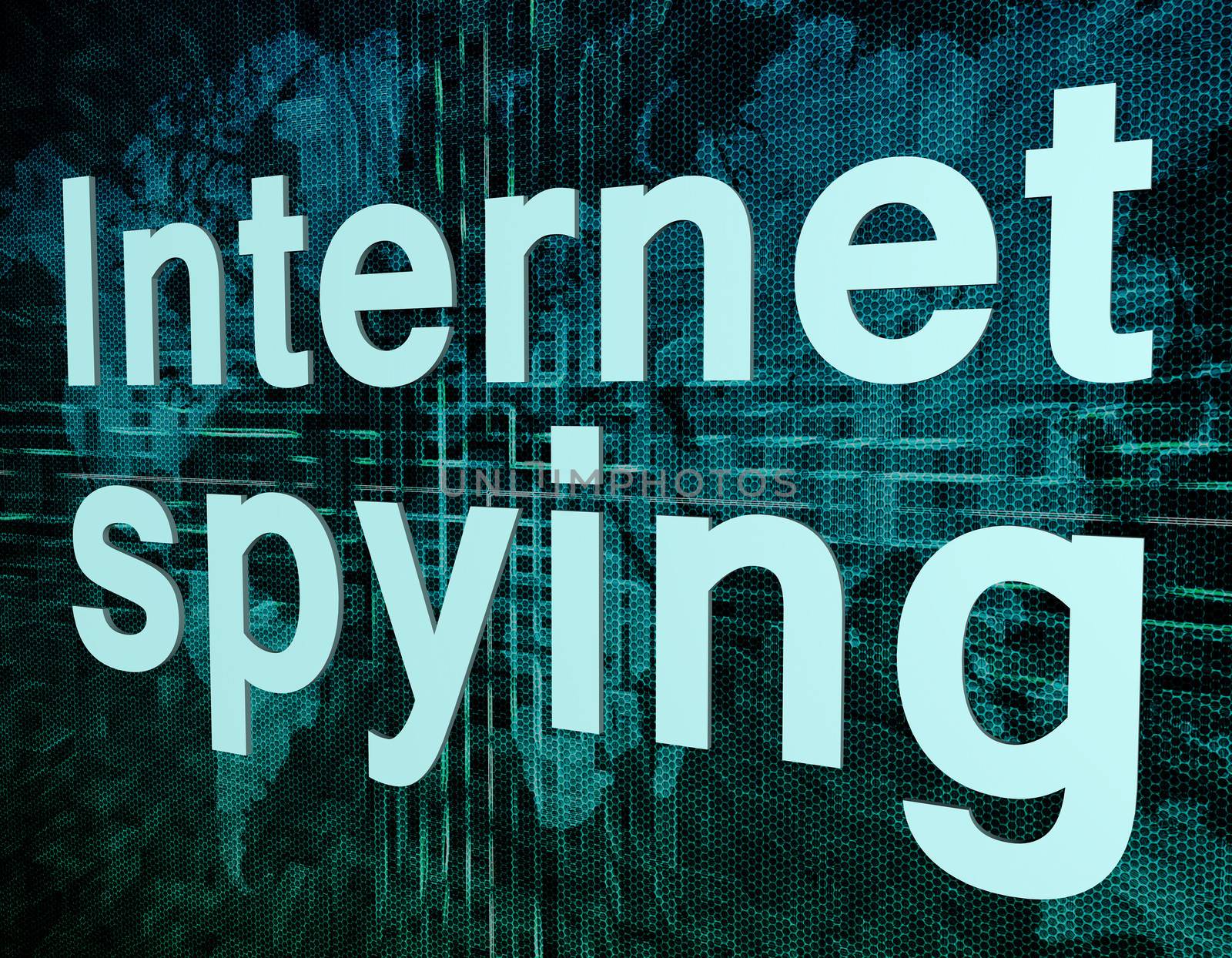 Words on digital world map concept: Internet spying