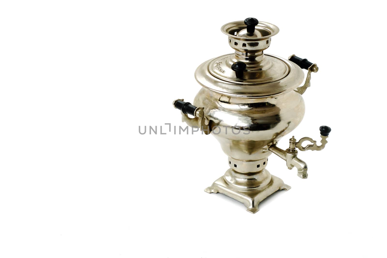 Model of the electric samovar white shiny metal on a white background in the singular.