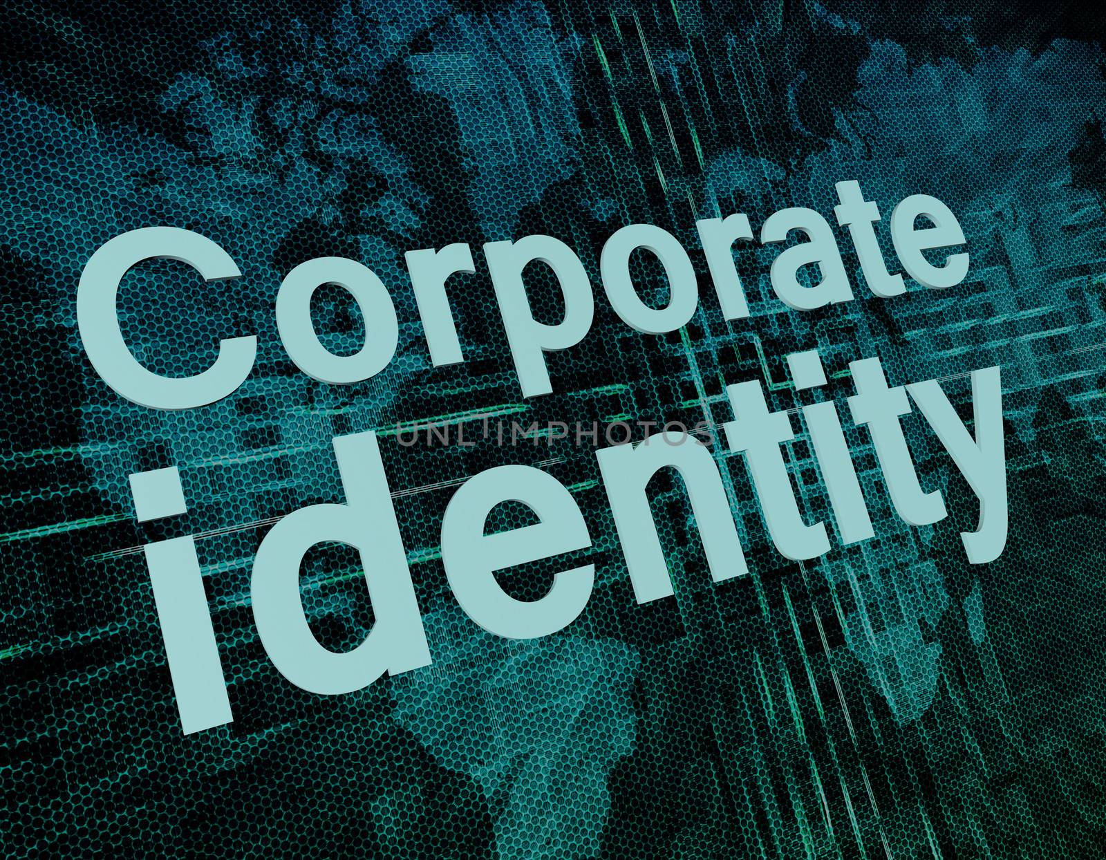 Words on digital world map concept: Corporate identity
