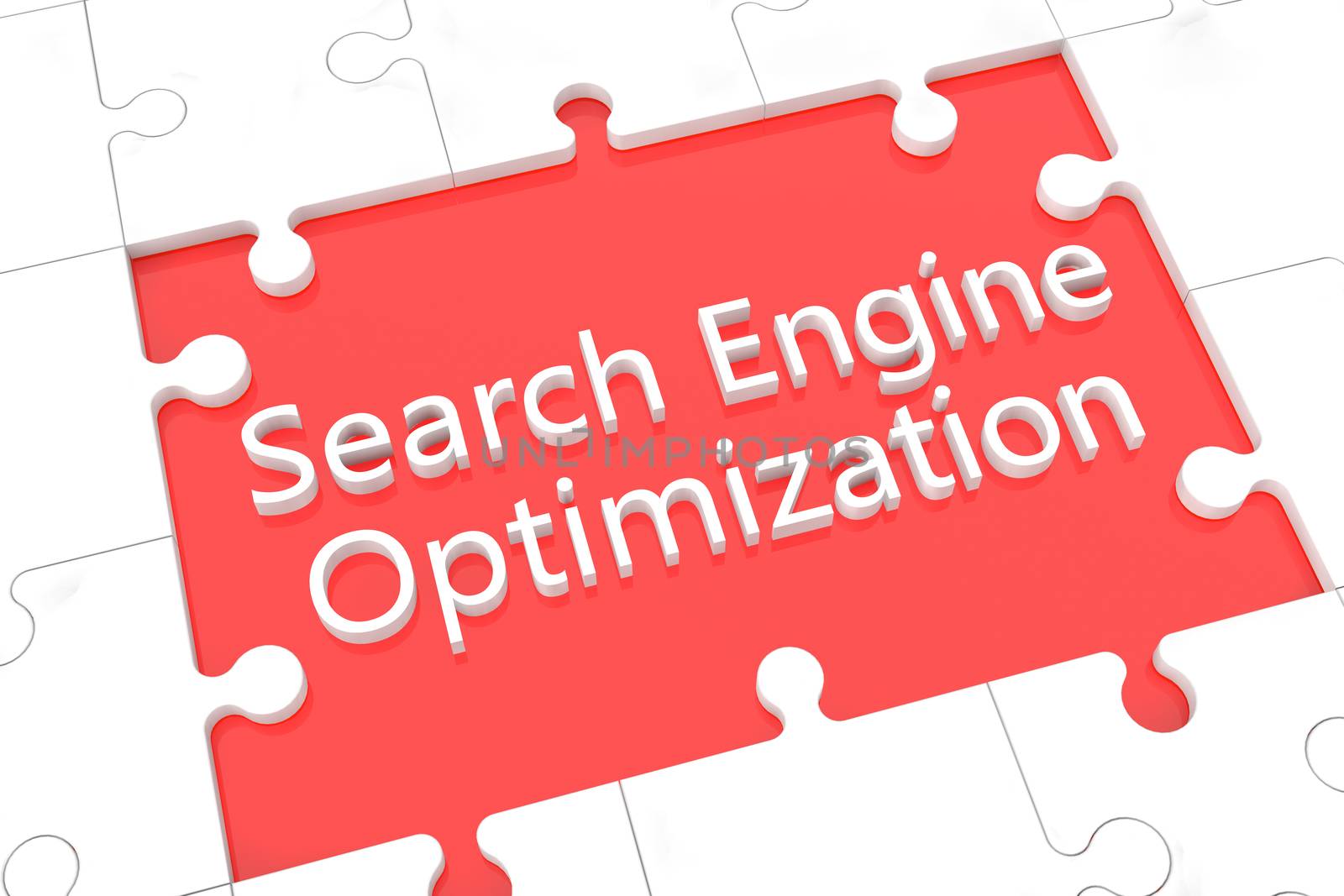 puzzle with words on red background concept: Search Engine Optimization