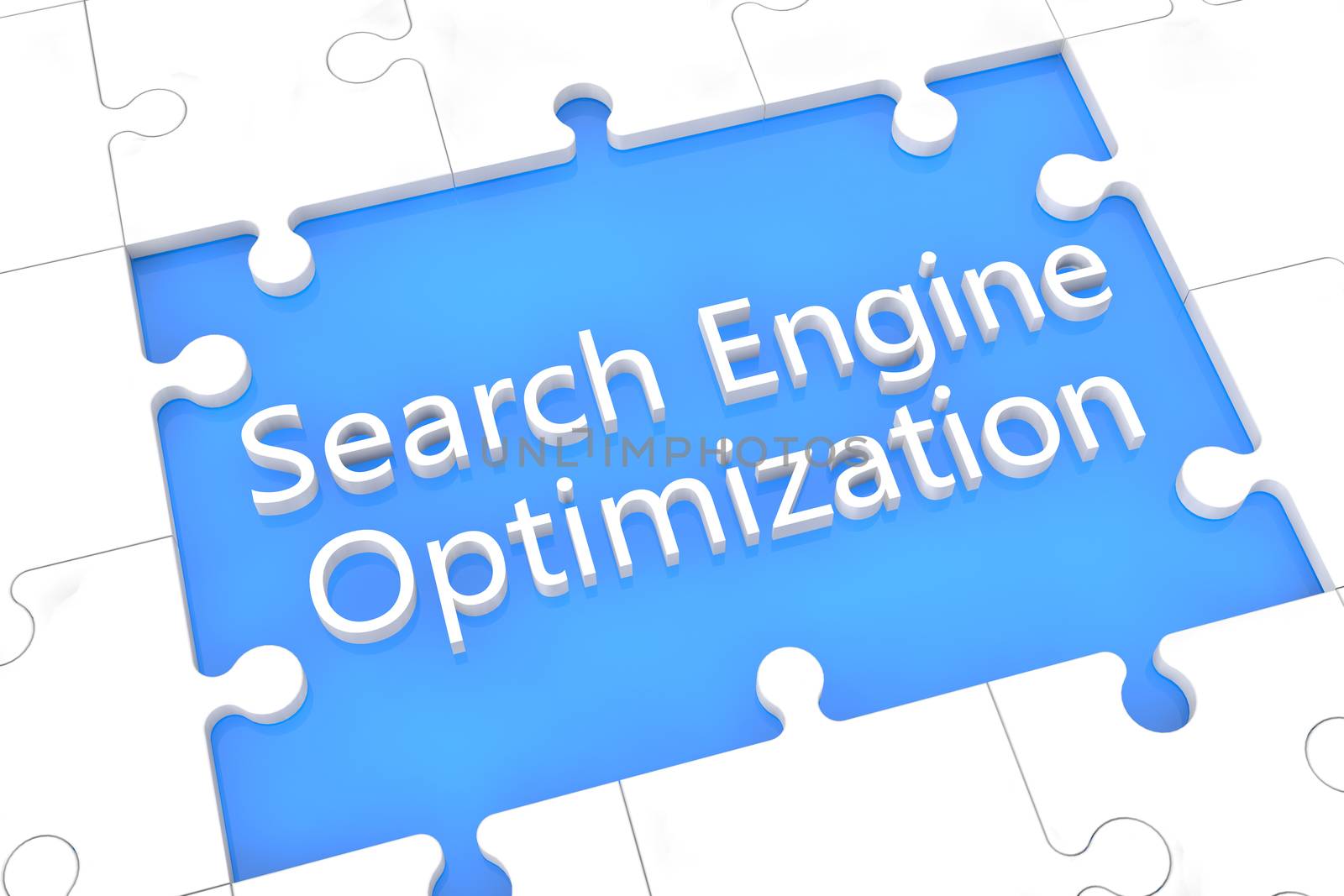 puzzle with words on blue background concept: Search Engine Optimization