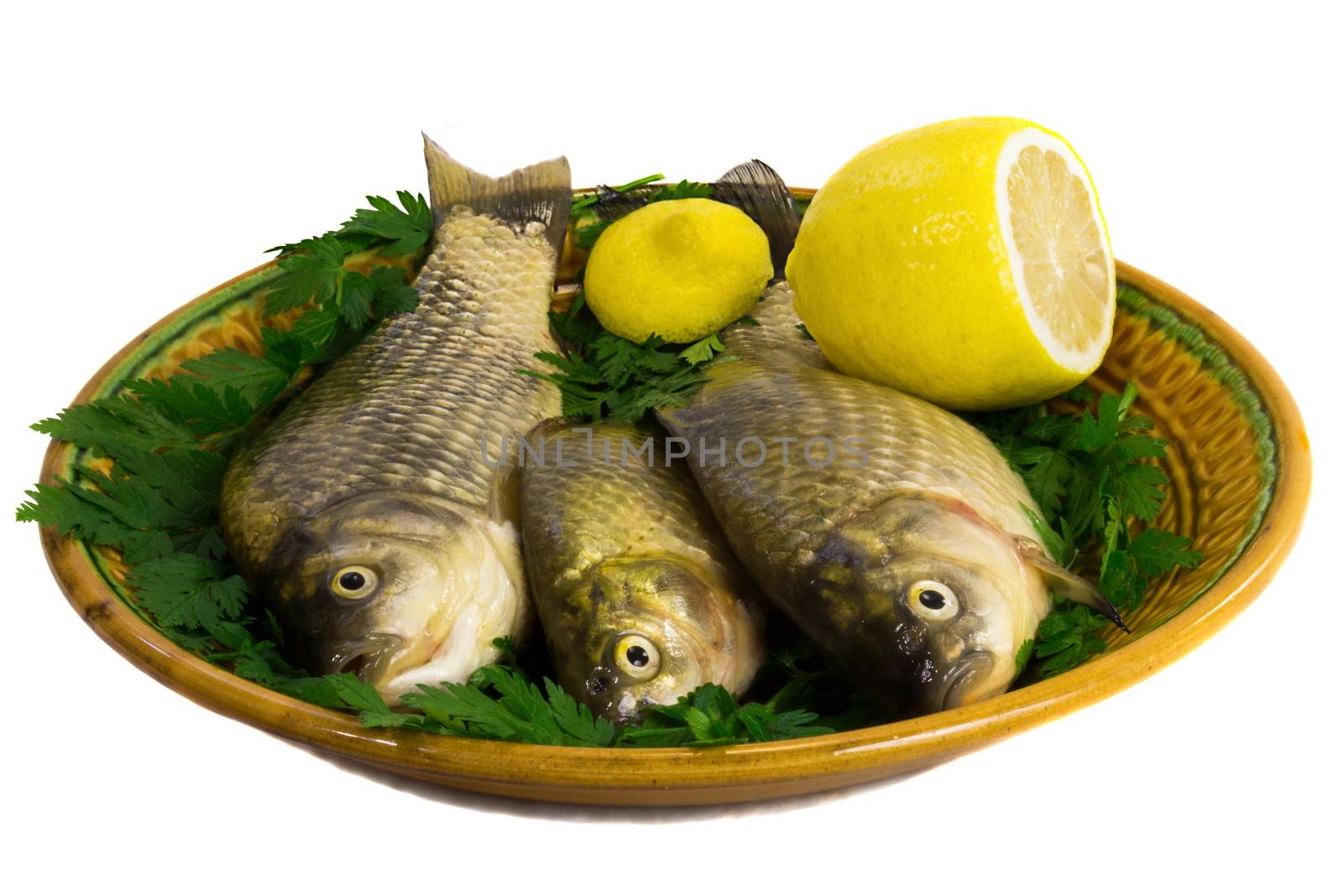 Three carp on ceramic dish , greens and lemon by georgina198