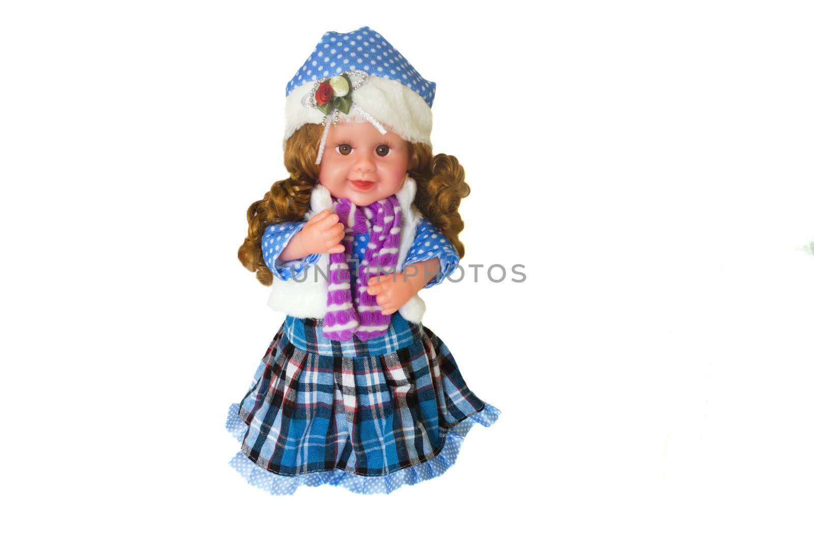 The doll in a beautiful dress, cap , with long hair