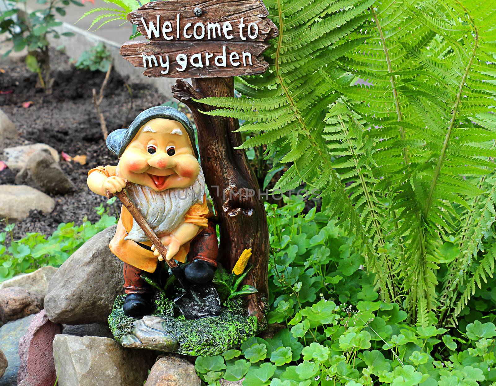 Hilarious funny, smiling dwarf with a white beard, digs earth and invites in your garden