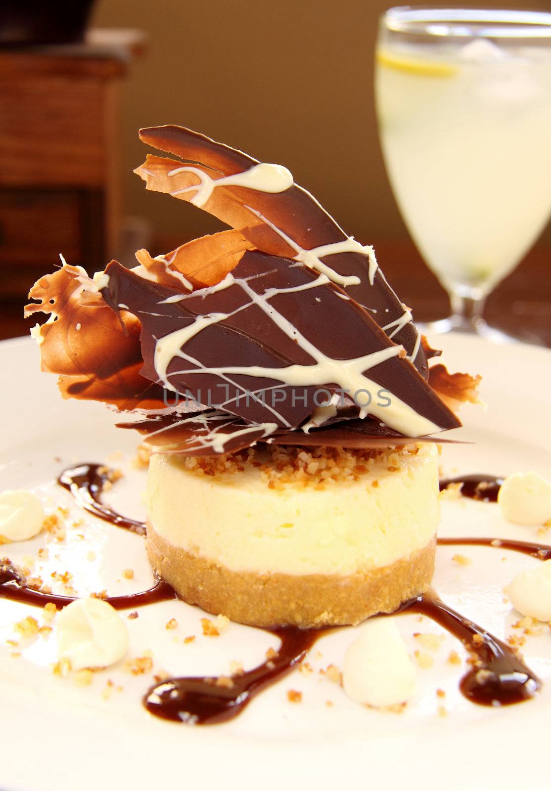 Delicious cheese cake with dark and white chocolate ready to serve.