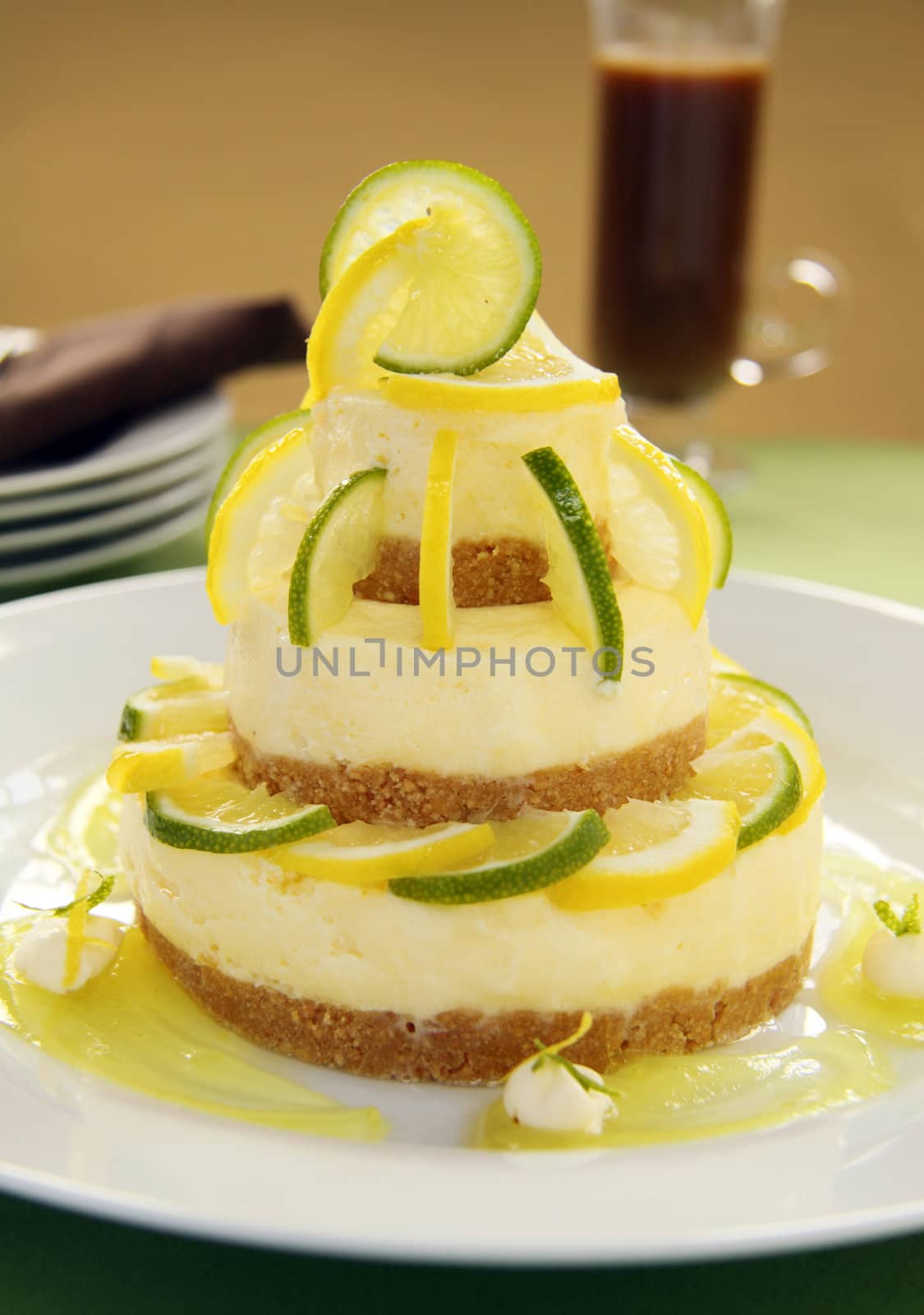 Delicious cheese cake stack with lemon and lime.
