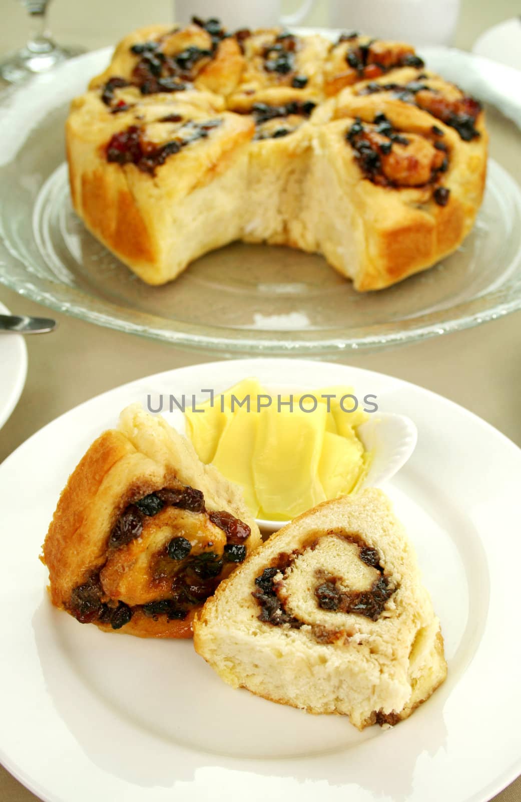 Delicious chelsea bun with dried fruit ready to serve.
